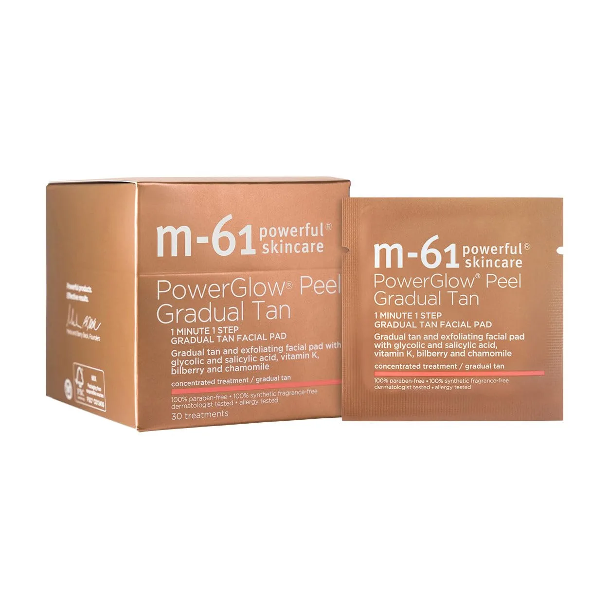 m-61 PowerGlow Peel Постепенное загар | Отшелушивающий пилинг для лица, создающий сияющий эффект без разводов 1 шт. (30 шт.)