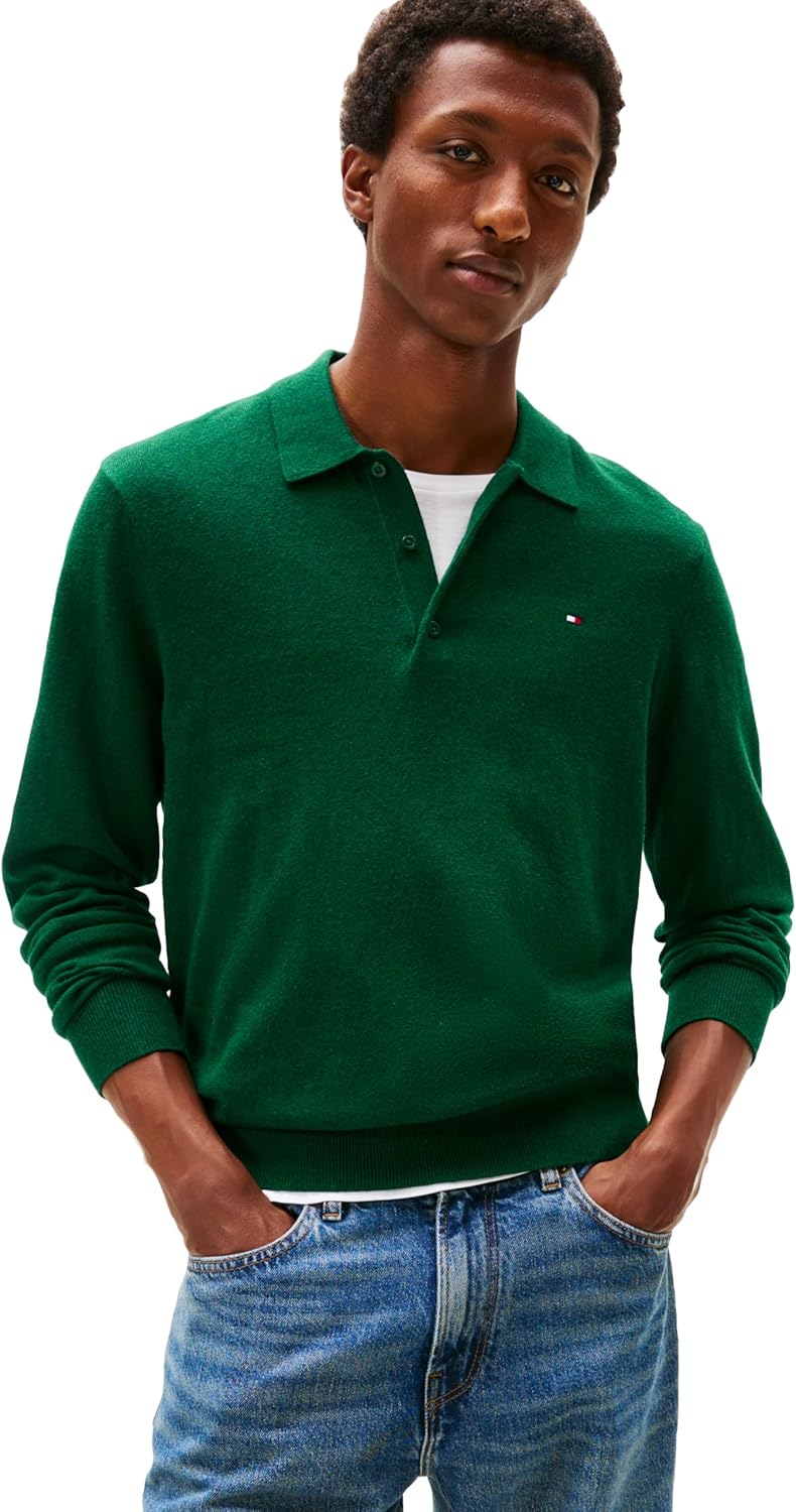 

Мужской свитер-поло Tommy Hilfiger из хлопка и кашемира с длинными рукавами, Ornamental Green Heather