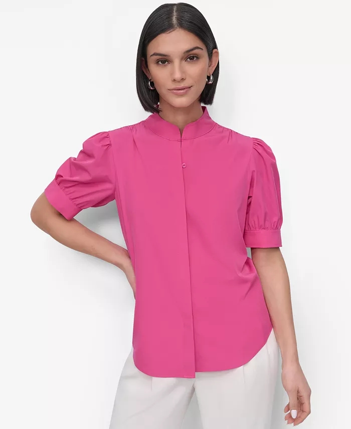 

Укороченная блуза с воротником-стойкой и буфами на плечах DKNY, розовый