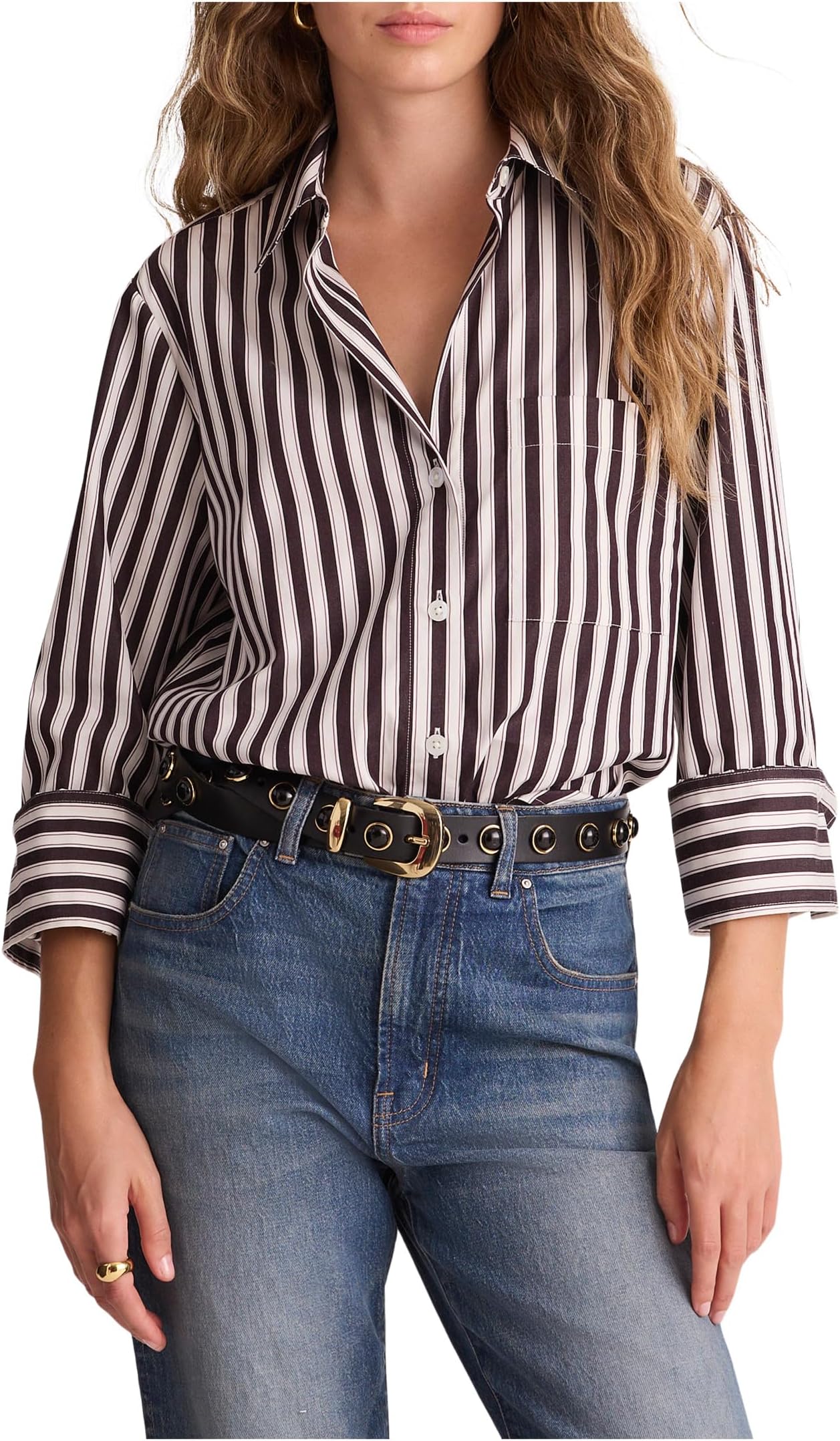 

Женская рубашка с Y-образным вырезом и регулируемыми рукавами Madewell, Purple Black And White Stripe