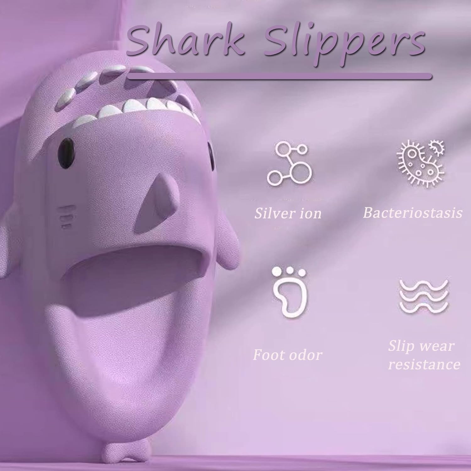 Шлепанцы Sharllen Shark для женщин и мужчин с милым забавным мультяшным дизайном, противоскользящие, с открытым носком, легкие летние шлепанцы с акулой, фиолетовый — фото 2