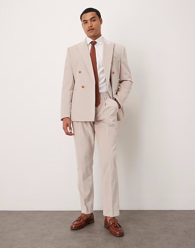 

Узкие брюки со складками спереди из легкого хлопкового бархата цвета Stone - STONE Asos Design