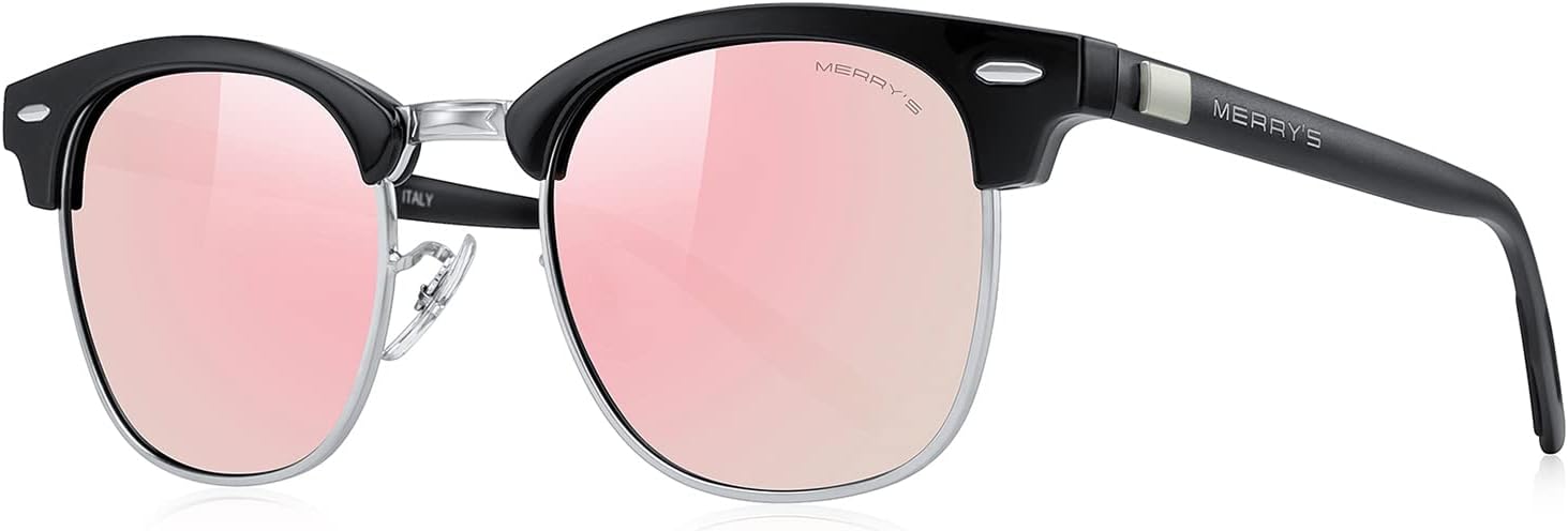 

Солнцезащитные очки MERRY'S унисекс с поляризацией, алюминиевые, для мужчин и женщин, полуободковые, в стиле ретро, ​​для вождения, Black Frame/Silver Bridge/Pink Mirror Lens