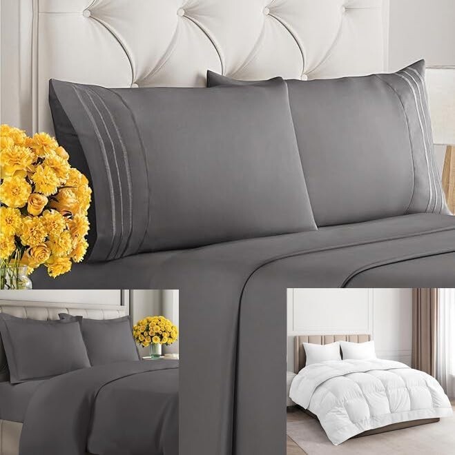 

Комплект постельного белья темно-серого цвета CGK Unlimited с пуховым одеялом и одеялом (размер «queen-size») — комплект постельного белья включает в себя простыню