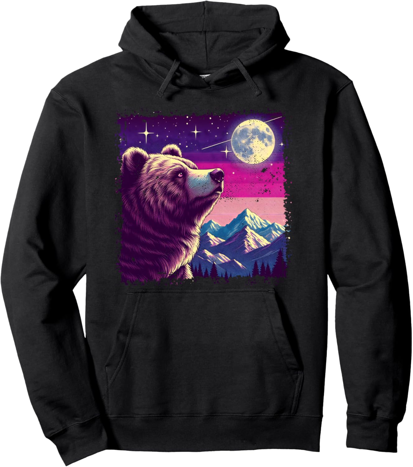 

Худи в стиле ретро с изображением медведя, смотрящего на луну Vintage 80S Bear Watching The Moon, черный