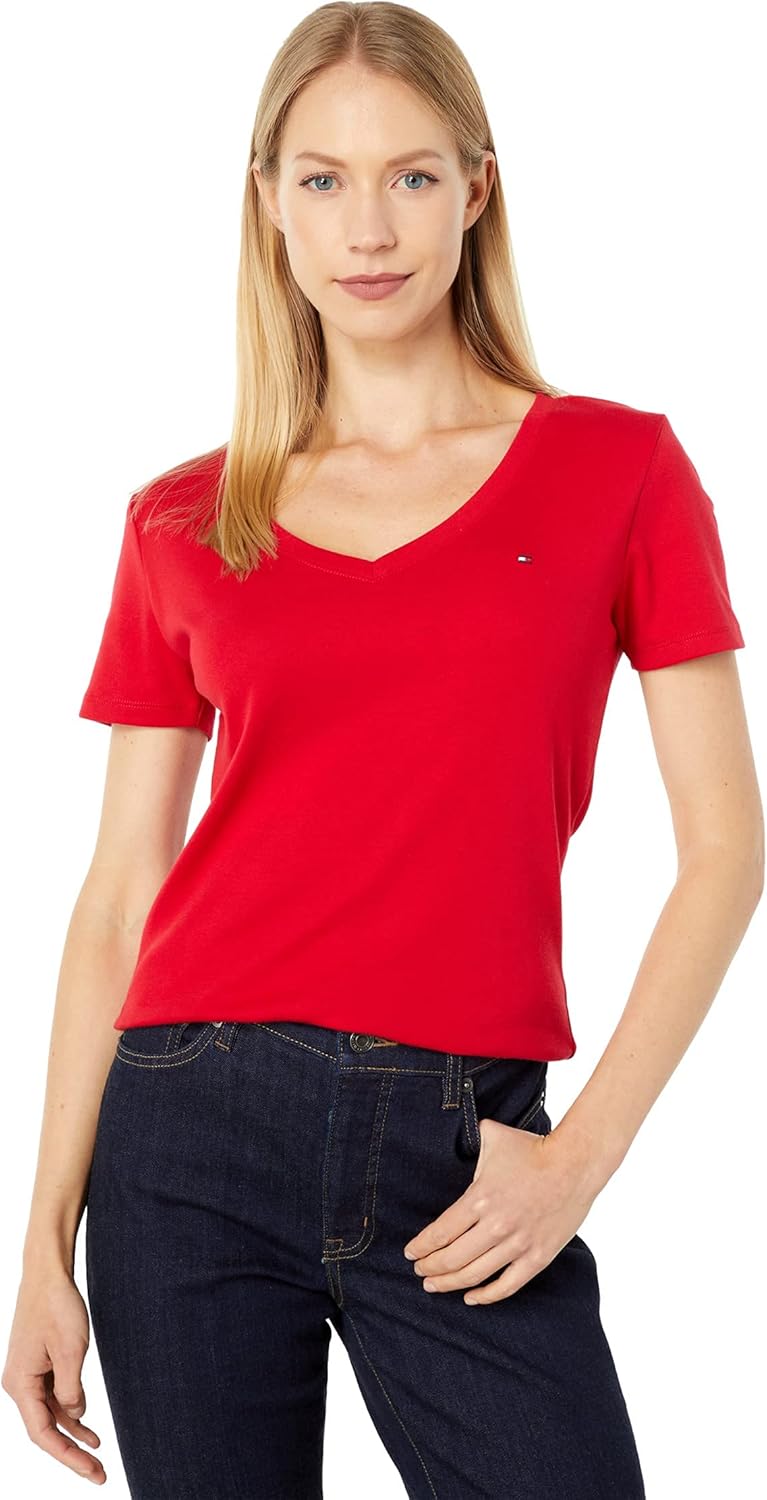 

Женские топы с коротким рукавом Tommy Hilfiger - хлопковые рубашки для женщин с V-образным вырезом и логотипом, Scarlet