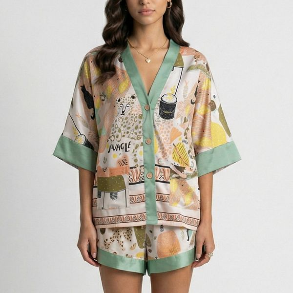 

Женский комплект пижамы с принтом animal print, топ с короткими рукавами на пуговицах и шорты с контрастной отделкой Anna-Kaci, Green