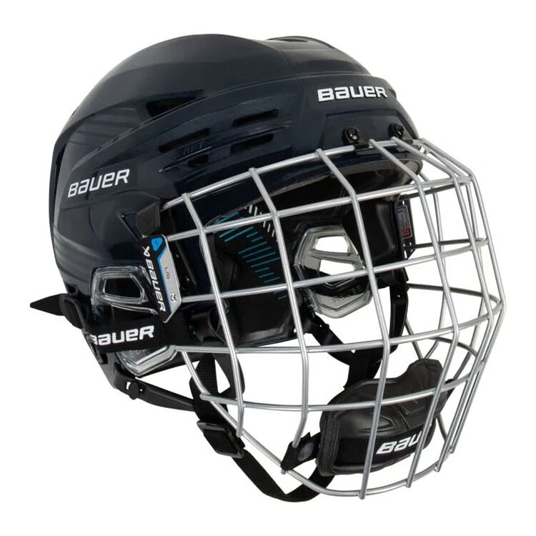 

BAUER Новый хоккейный шлем RE-AKT90, средний размер, без защемления, регулируемая четырехсторонняя хоккейная шапка, цвет Sea Blue S с защитным щитком