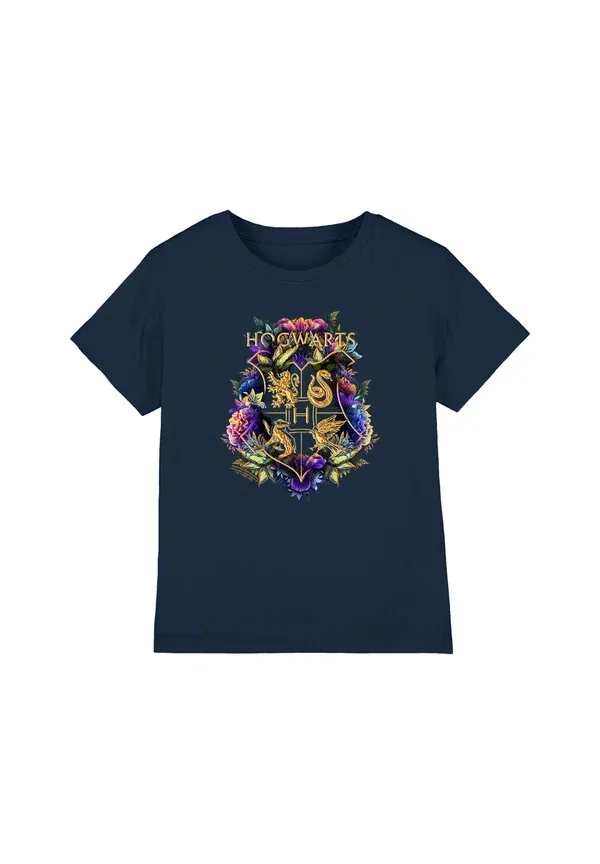 Футболка Harry Potter Hogwarts Multi Colored Floral Crest Print T-Shirt Cotton Soul, темно-синяя