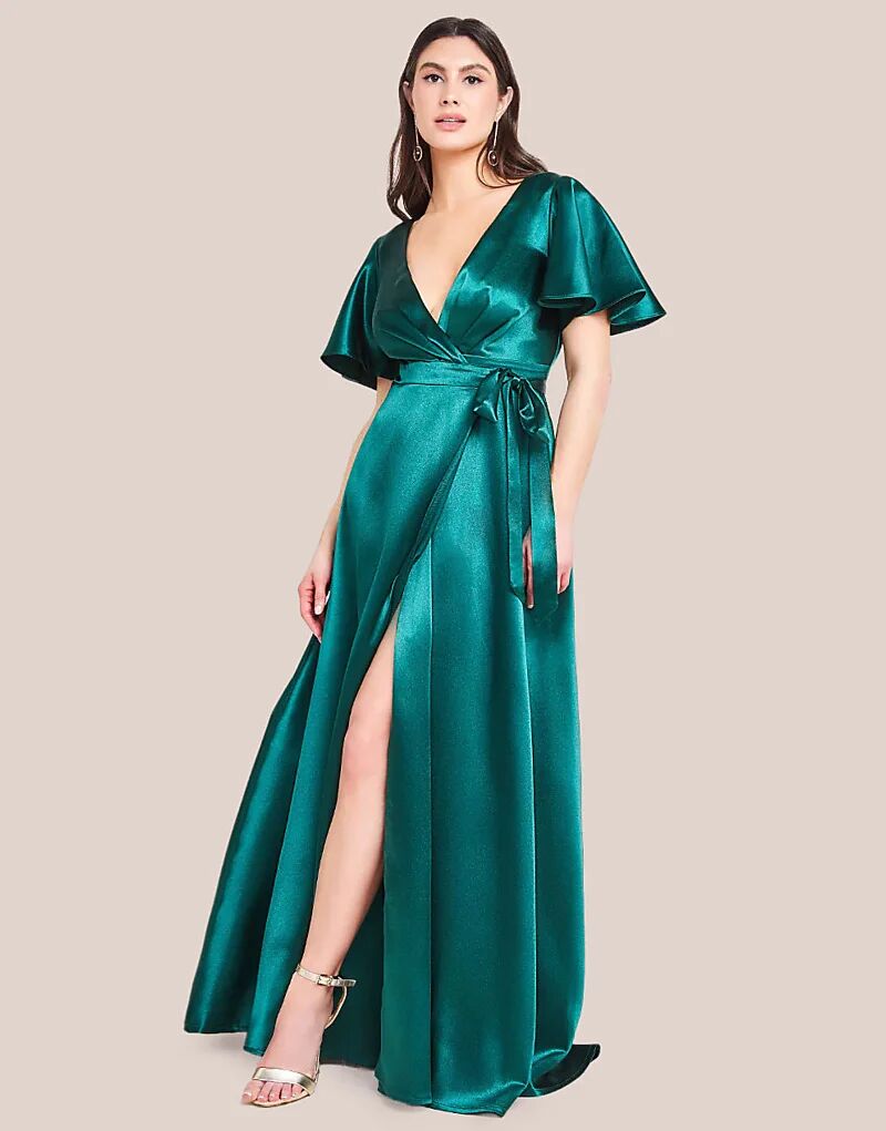 

Платье макси из атласа с рукавами-крылышками и запахом изумрудного цвета Goddiva