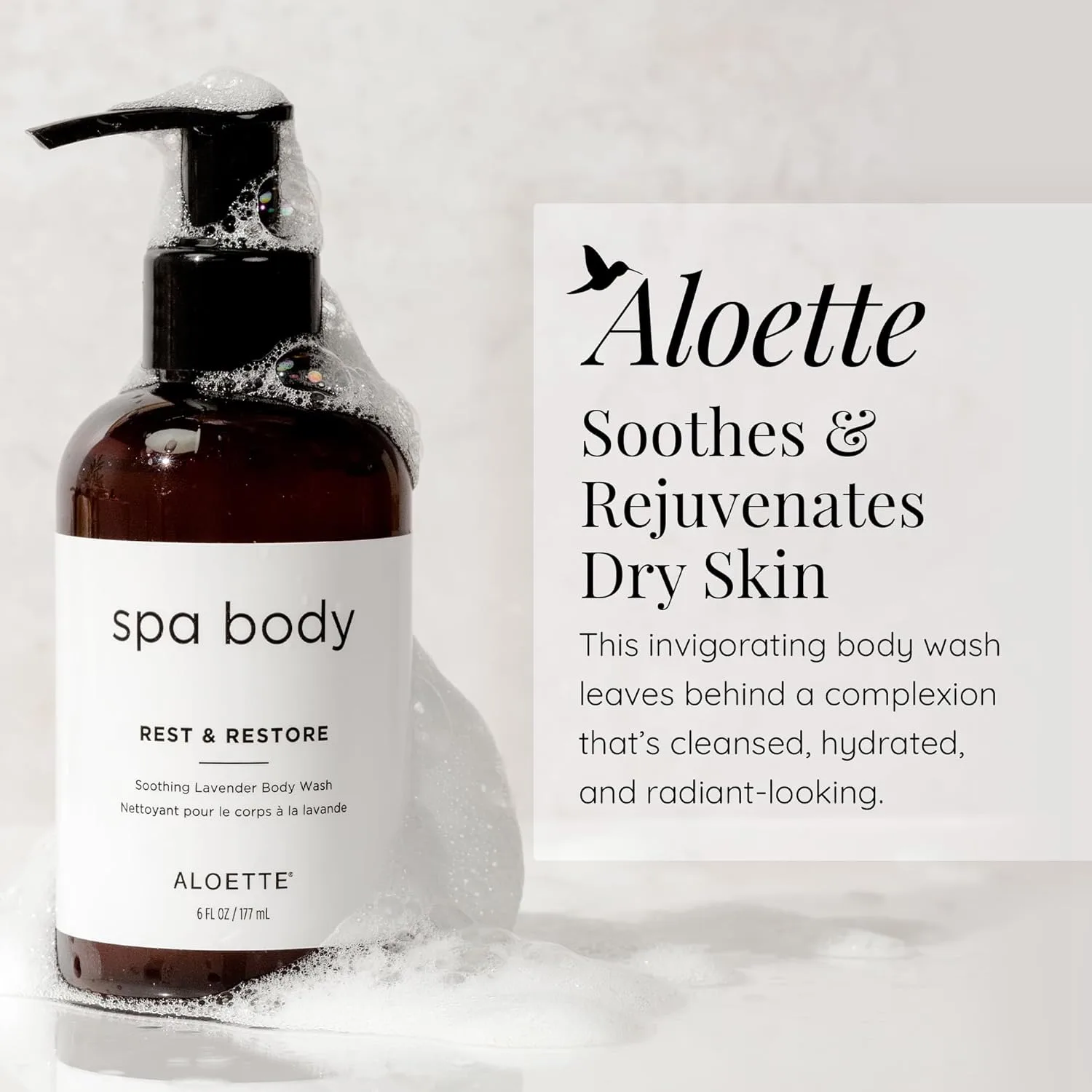 Aloette Lavender Body Wash, Rest & Restore - увлажняющий гель для душа для сухой кожи с натуральным алоэ вера и витамином Е, White — фото 2