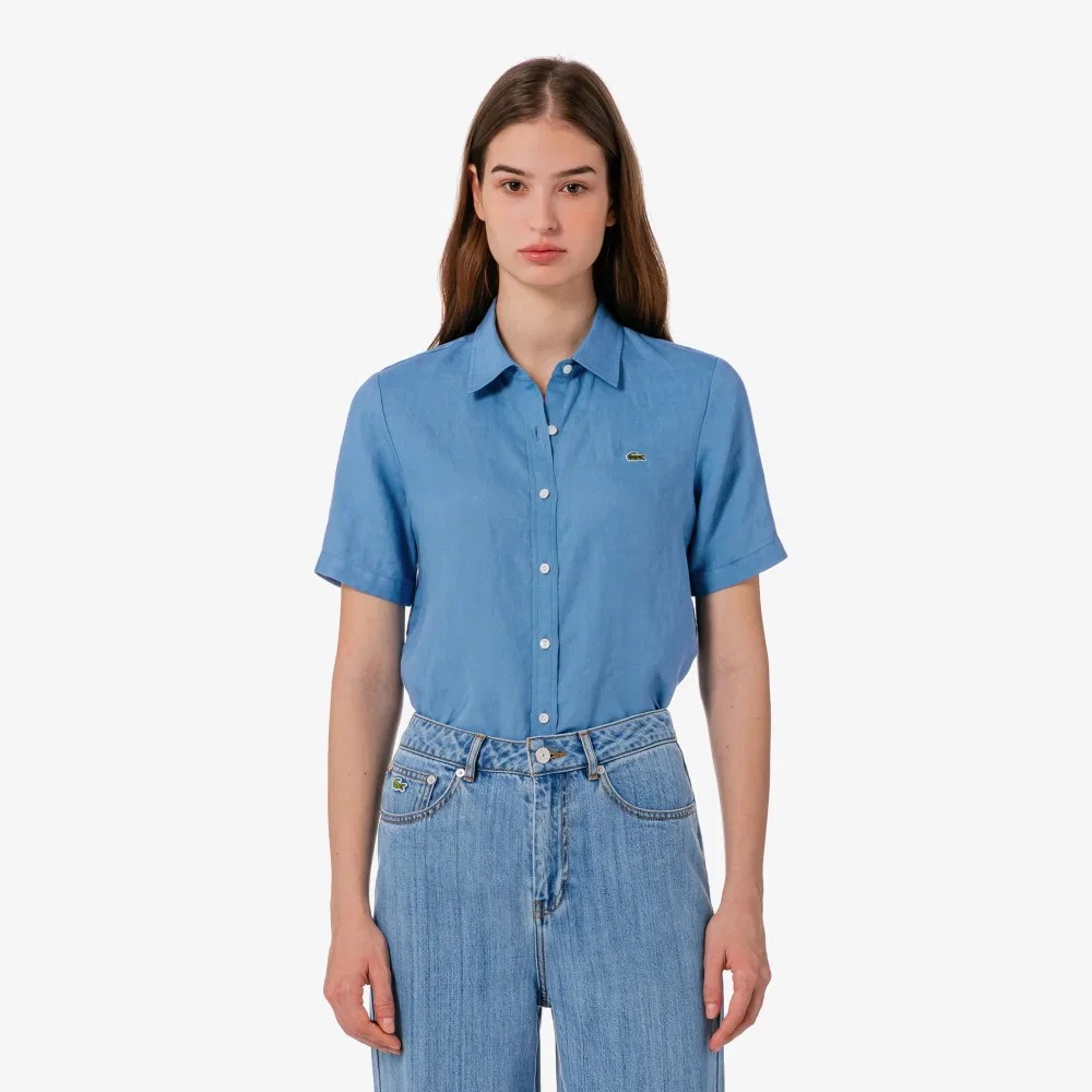 Рубашка Lacoste льняная женская бирюзовая с коротким рукавом