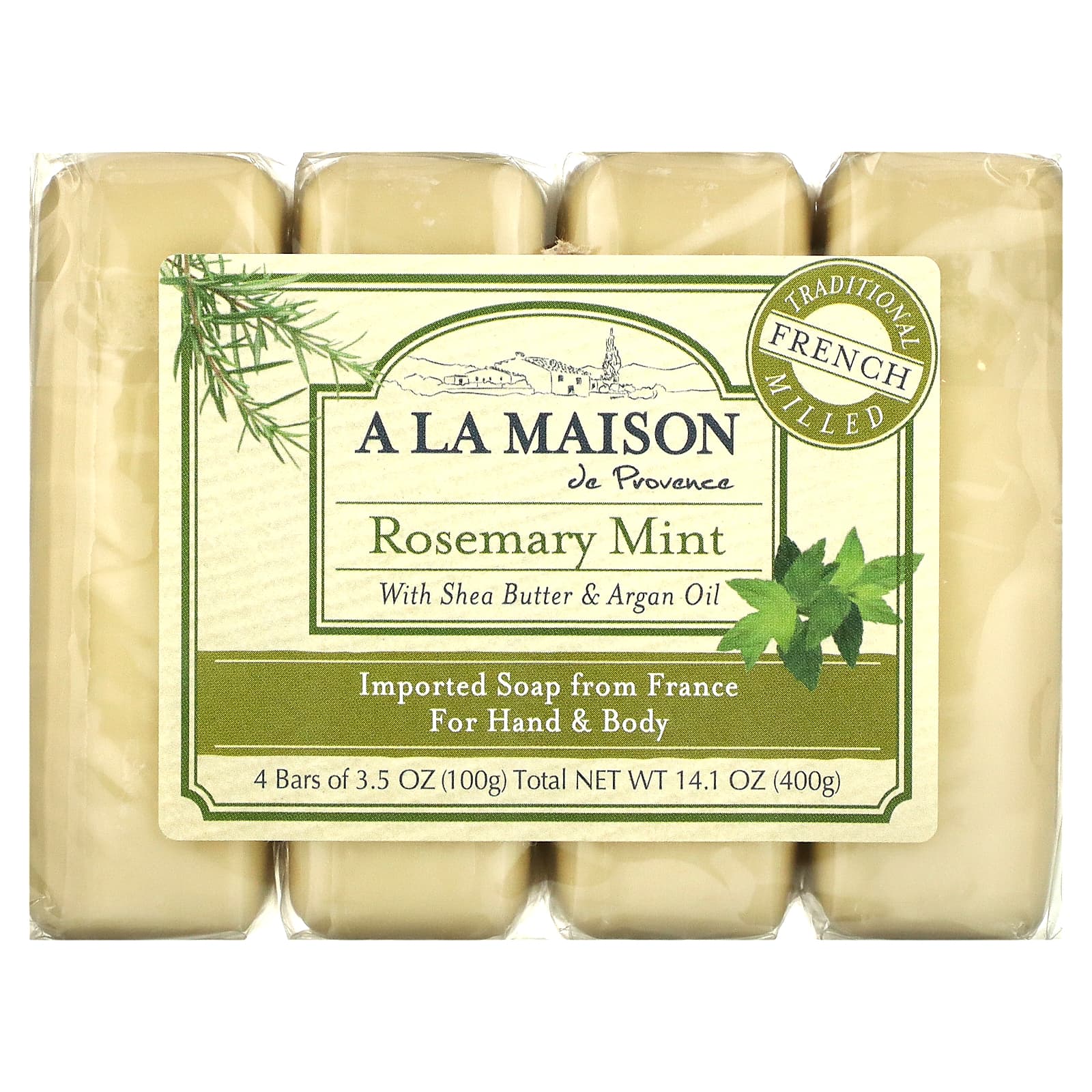 

A La Maison de Provence Мыло для рук и тела с ароматом розмарина и мяты 4 куска 3.5 унций (100 г) каждый