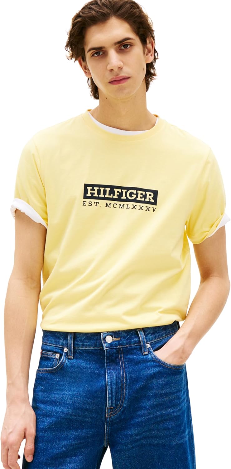 

Мужские хлопковые футболки Tommy Hilfiger с короткими рукавами и напечатанным логотипом, также доступны в размерах для больших и высоких размеров, Citronella