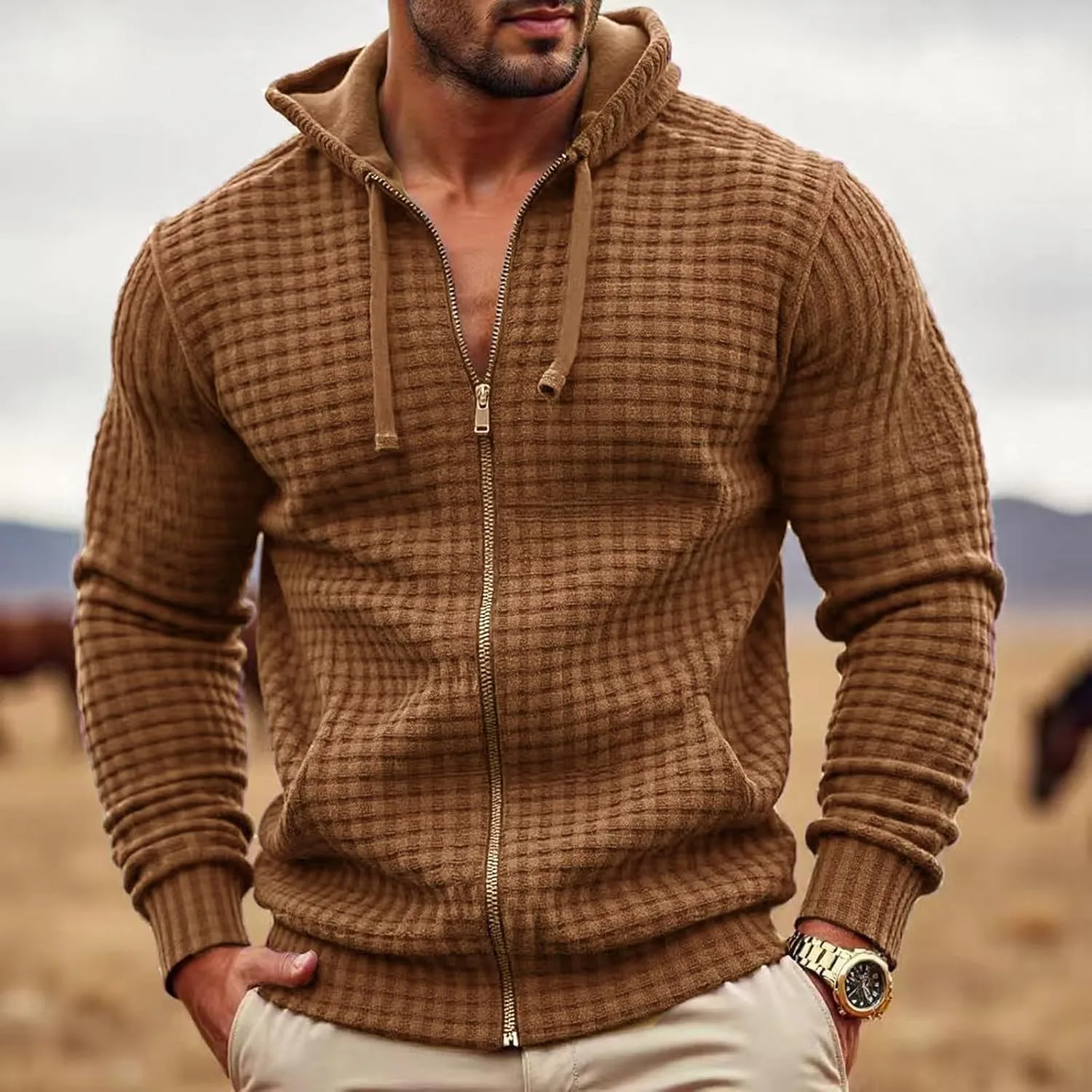 Толстовка с капюшоном Waffle Knit для мужчин, Full Zip, легкая — фото 2