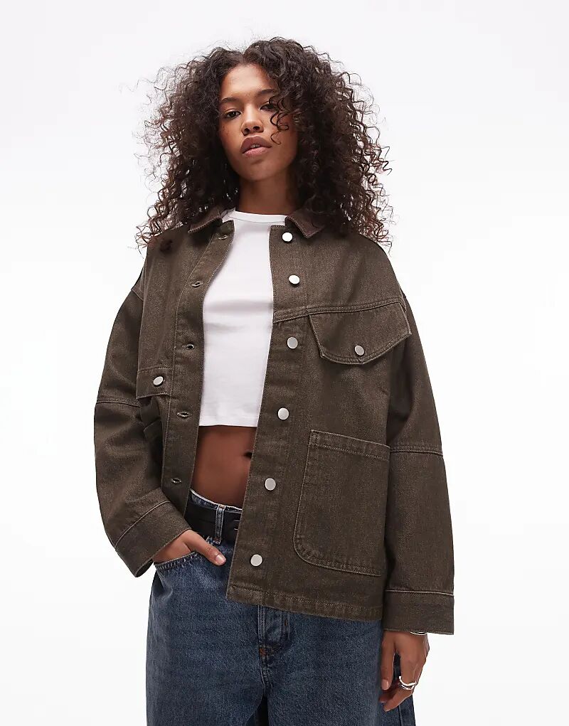 

Свободная хлопковая куртка с воротником-стойкой коричневого цвета Topshop