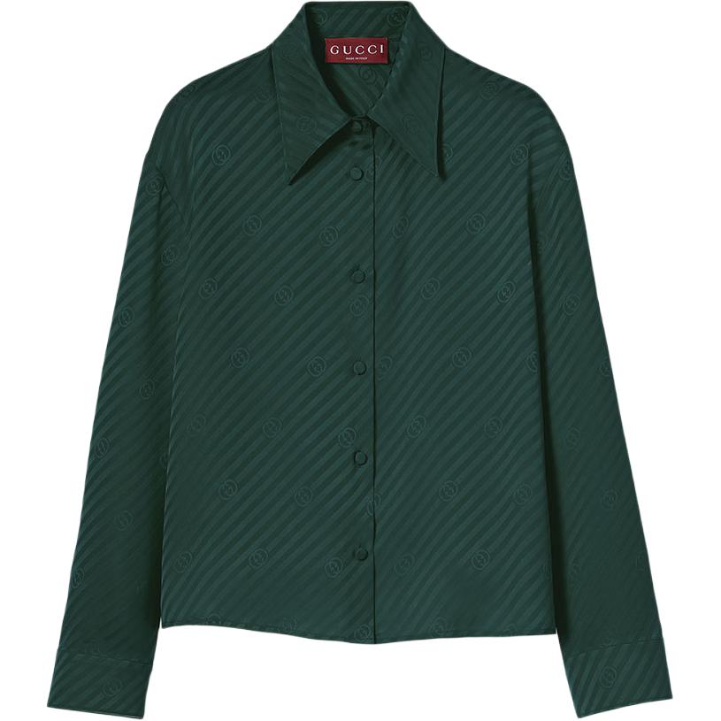 

Взаимоблокирующая gg шелковая жаккардовая рубашка GUCCI, темно-зеленый