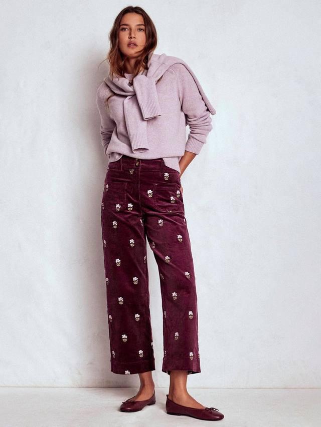 

Брюки из вельвета с принтом первоцвета Boden, Dark Cherry