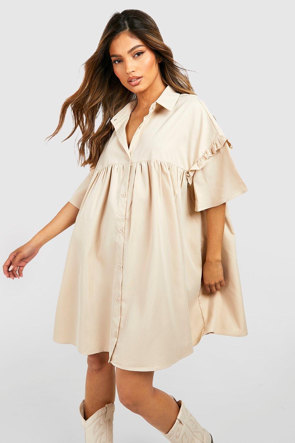 

Свободное мини-платье с пышными рукавами и пуговицами boohoo, бежевый