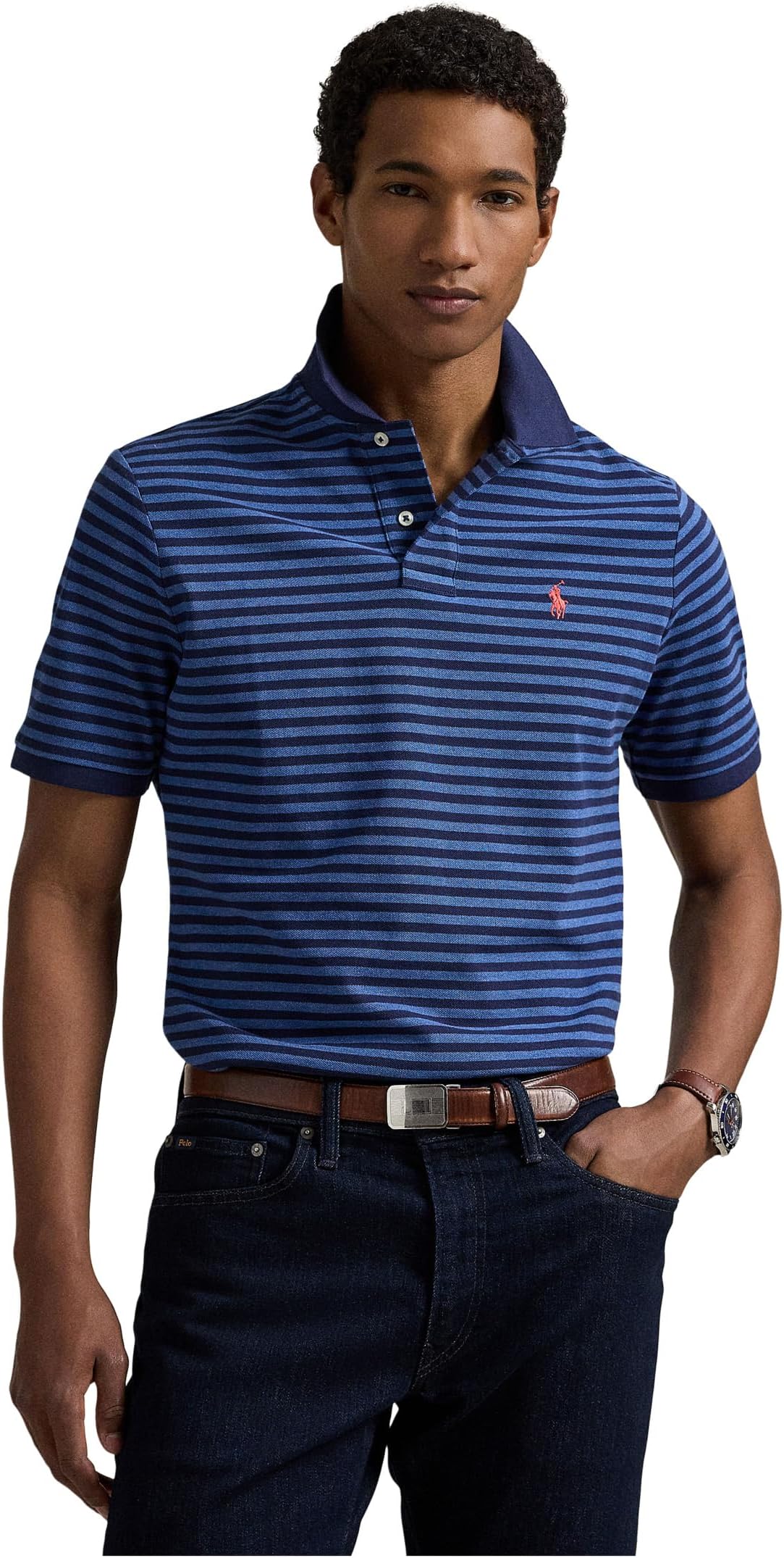 

Поло Polo Ralph Lauren Classic Fit Striped Mesh Polo Shirt, цвет Fog Blue Heather/Newport Navy