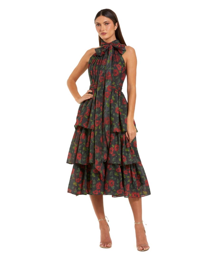 

Женское миди-платье из шифона с цветочным принтом и многоярусной юбкой, с бантом на шее Mac Duggal, Black multi