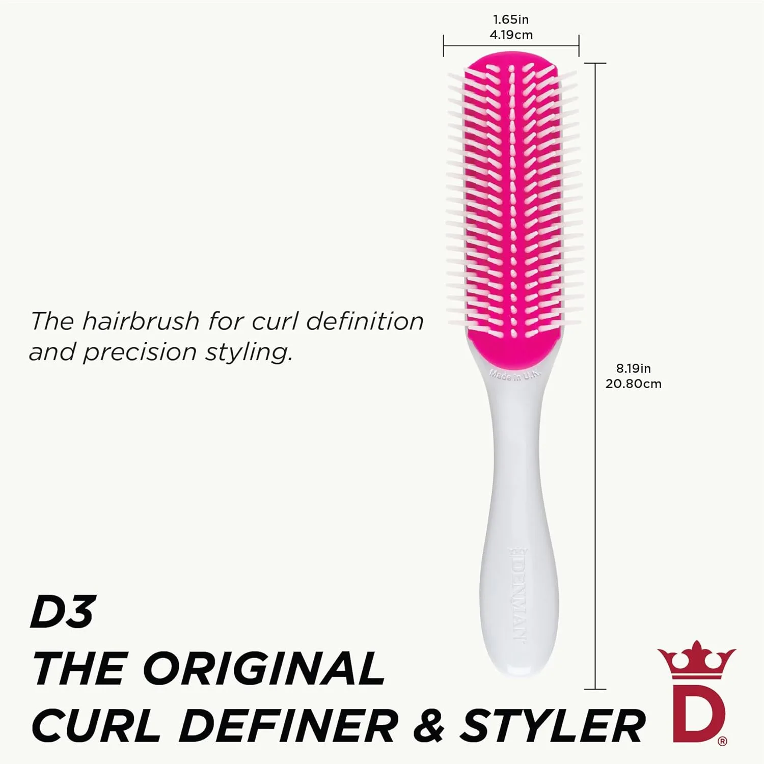 Denman D3 Original Curl Definer & Styler, щетка для вьющихся волос для женщин и мужчин - 7 рядов для распутывания и создания локонов, White & Pink — фото 2