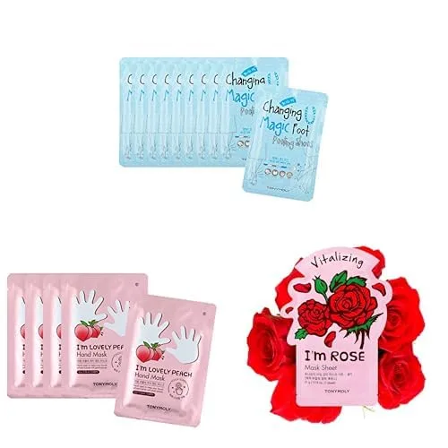 TONYMOLY Набор для обновления с головы до пят: отшелушивающие носочки Changing U Magic Foot Peeling Shoes, 10 шт + увлажняющая маска для рук I'm Lovely Peach, 5 шт + увлажняющая тканевая маска I'm Real Rose