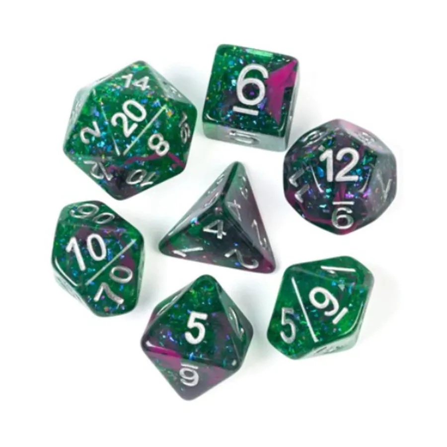 

Набор Poly — светящаяся палочка с серебром (7), Dice Sets - Resin/Acrylic - Blue, Green, & Purple (Foam Brain Games)