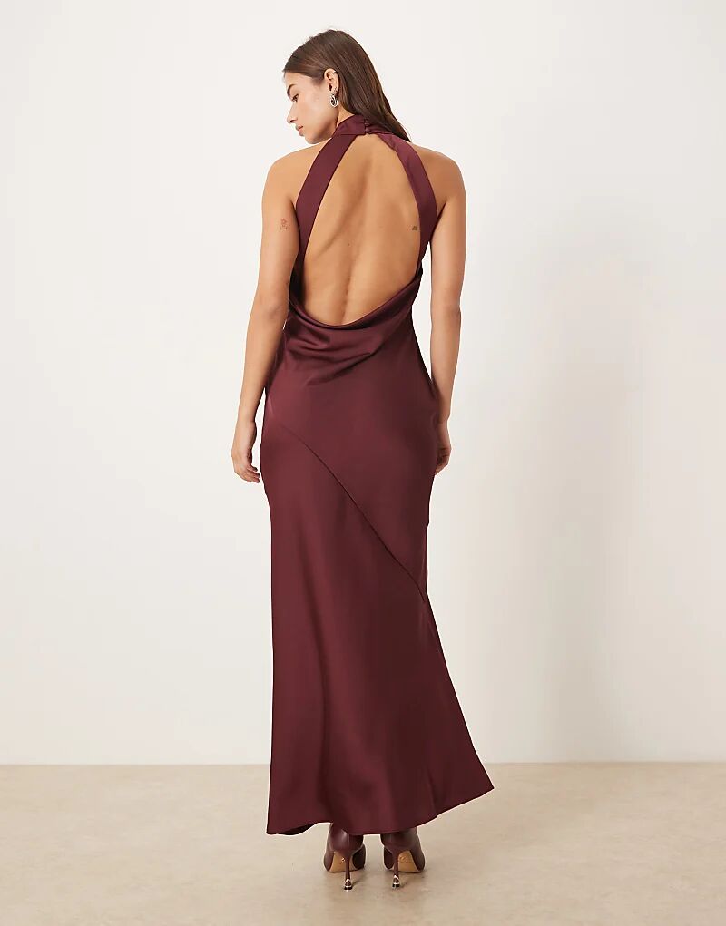 

Платье макси из атласа ASOS DESIGN с вырезом-халтер и вырезом-хомутиком на спине в ягодном цвете