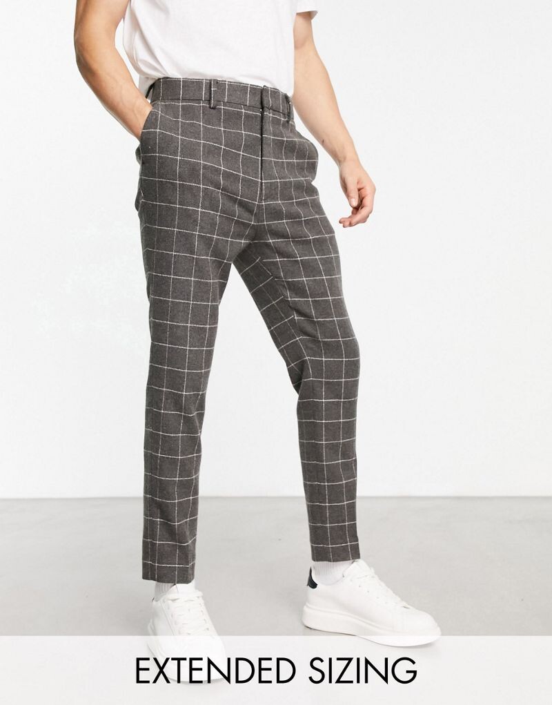 

Темно-серые элегантные брюки в клетку из смесовой шерсти ASOS DESIGN