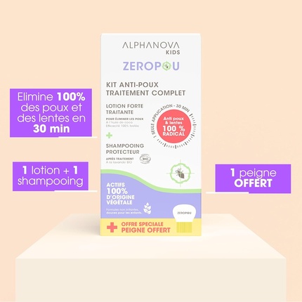 Набор Zeropou Anti-Lice Kit: лосьон сильного действия (100 мл), защитный шампунь (200 мл), расческа Alphanova — фото 2