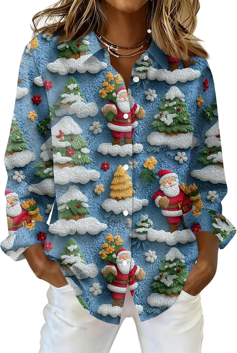 Женская блуза с рождественским принтом, Oversized, Long Sleeve, Button Down, 2-light Blue