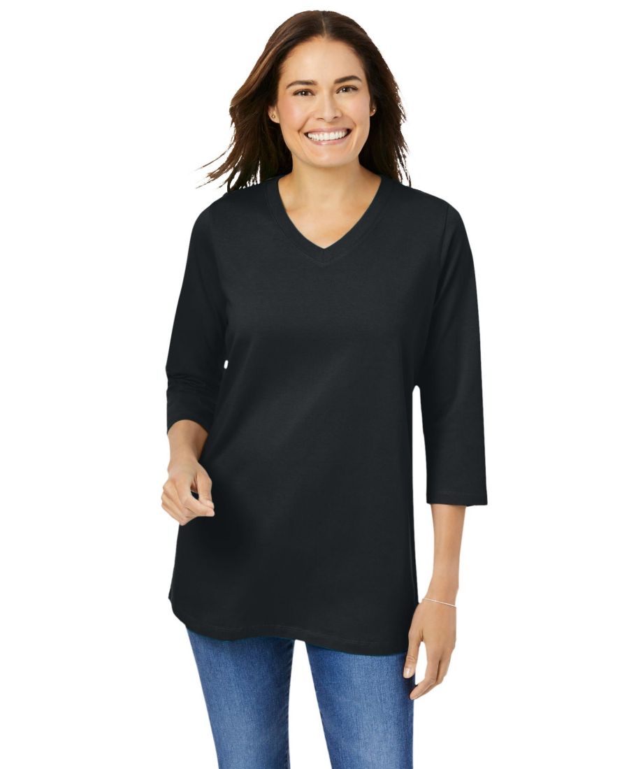 

Футболка больших размеров с рукавами три четверти и V-образным вырезом Woman Within, Black, Черный, Футболка больших размеров с рукавами три четверти и V-образным вырезом Woman Within, Black