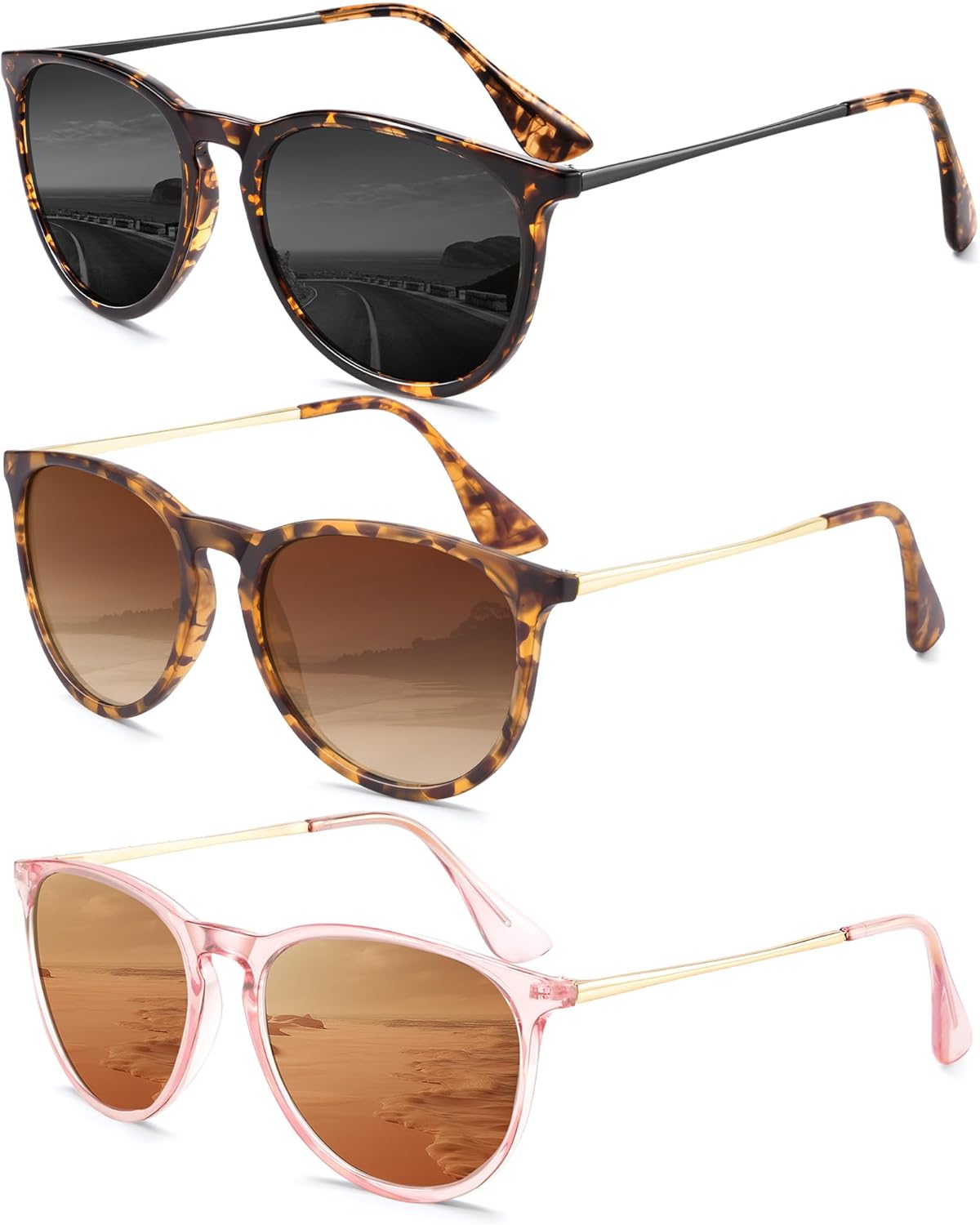 

Женские поляризованные солнцезащитные очки: ретро круглые солнцезащитные очки с защитой UV400, модный набор из 3 штук QALLY, Glossy Leopard/Grey + Matt Leopard/Gradient Brown + Crystal Pink/Brown