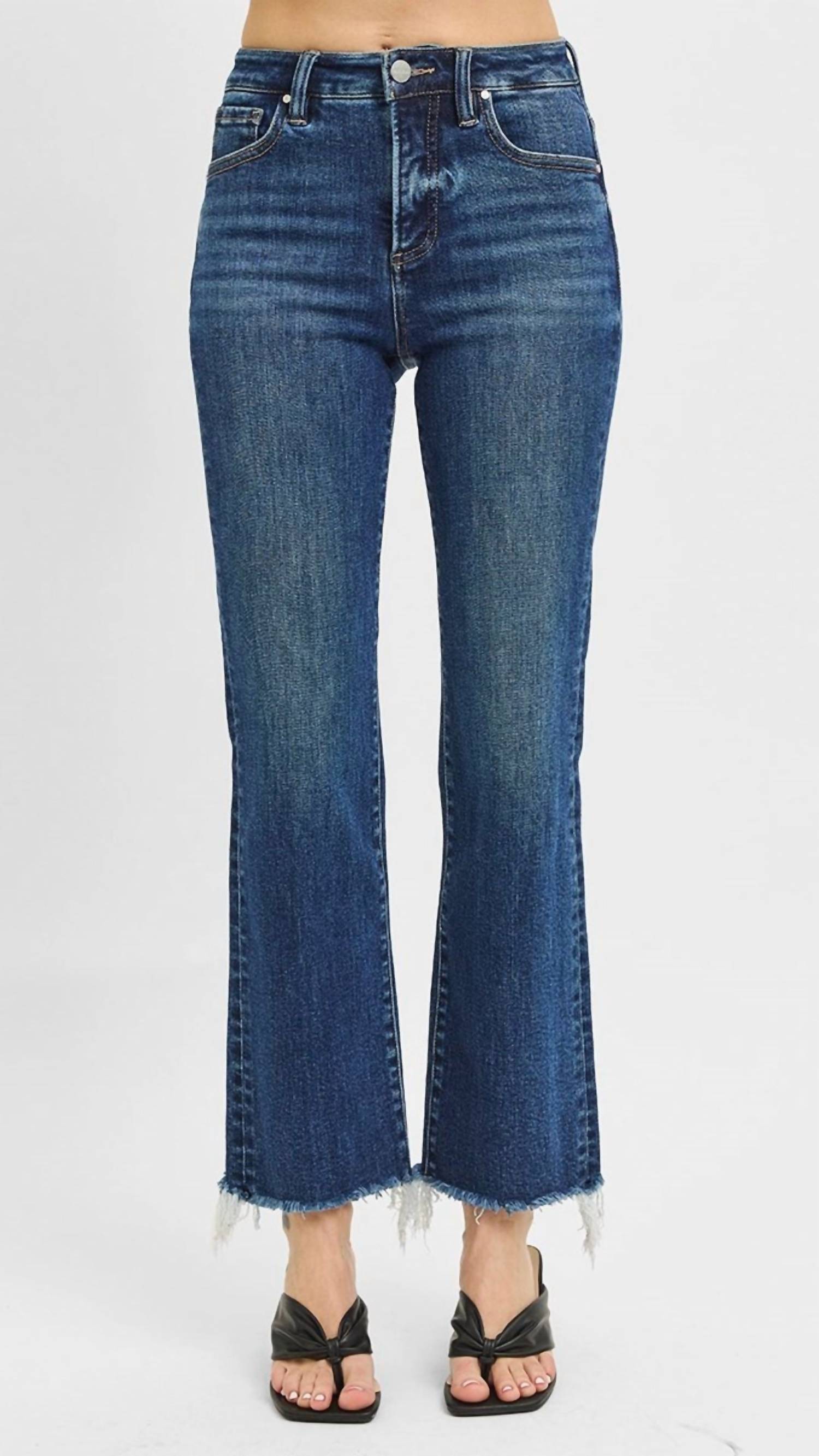 

RISEN Джинсы прямого кроя с высокой посадкой, утягивающим эффектом и рваными краями, темного цвета