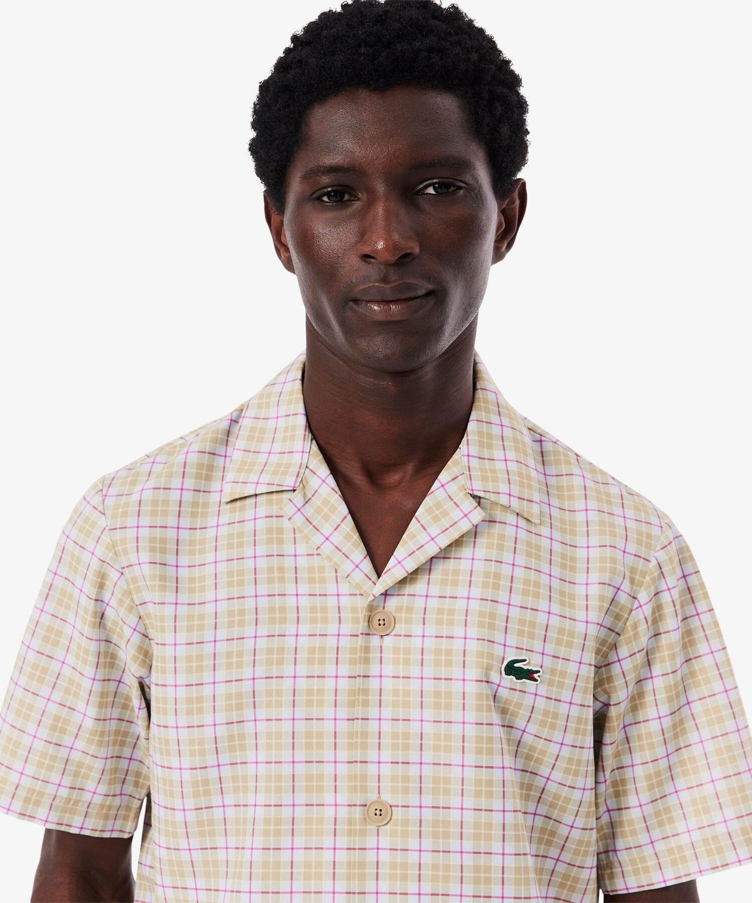 Рубашка для гольфа LACOSTE в клетку с открытым воротником, Beige — фото 2
