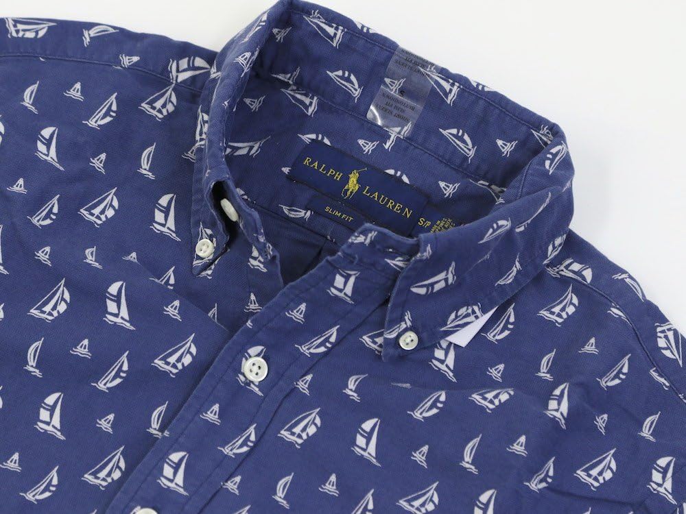 Ralph Lauren Polo мужская короткая рукав slim fit оксфордская спортивная рубашка, Blue — фото 2