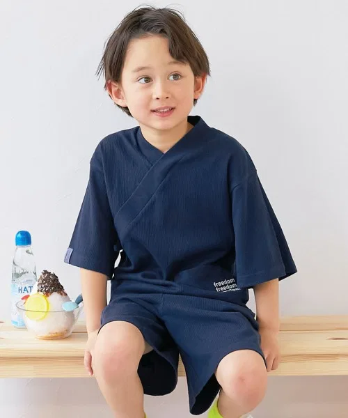 Детское кимоно Jinbei с запахом, бренд devirock, однотонное, цвет тёмно-синий