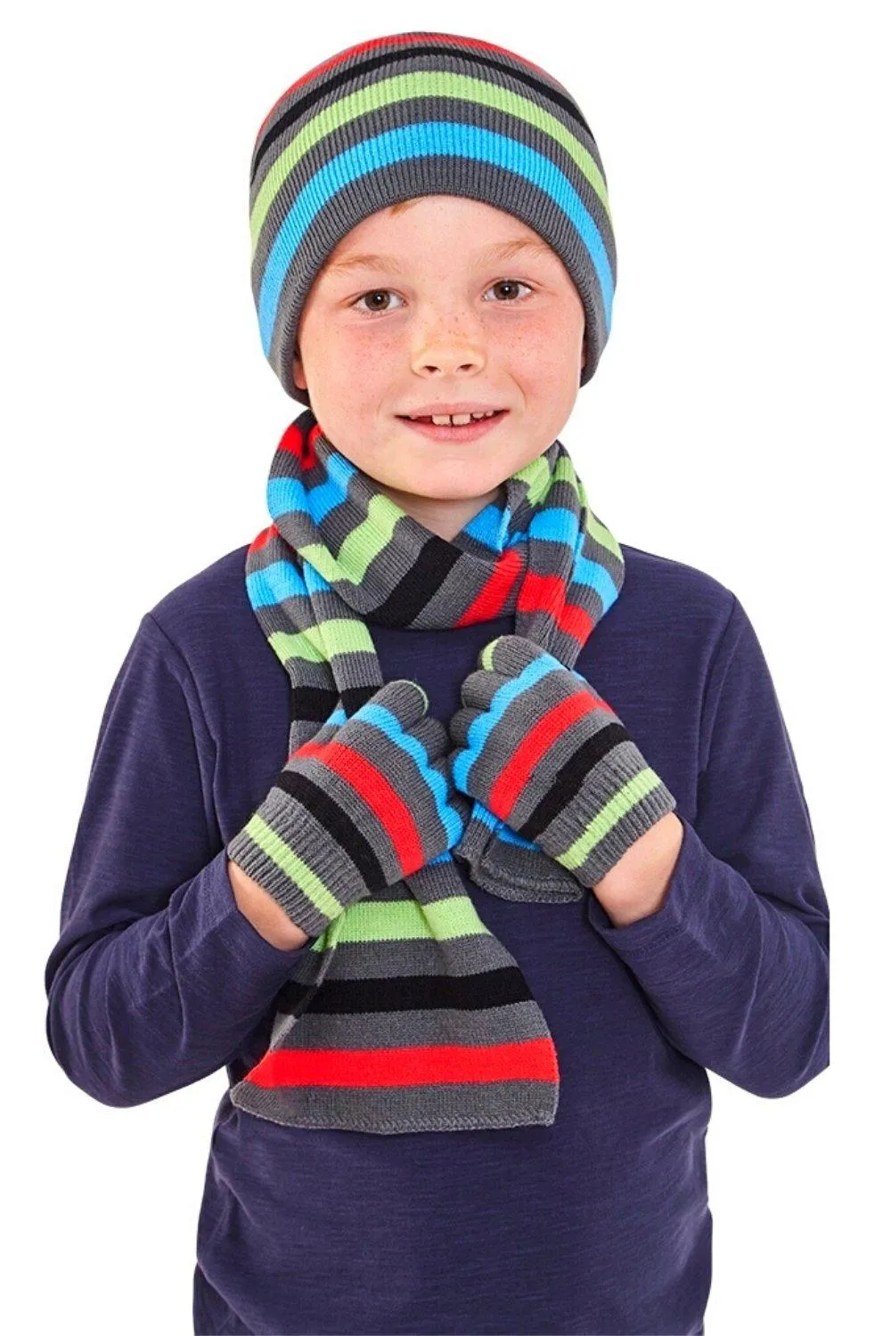 

Полосатая шапка-бини, шарф и перчатки Hats Hats Hats, серый