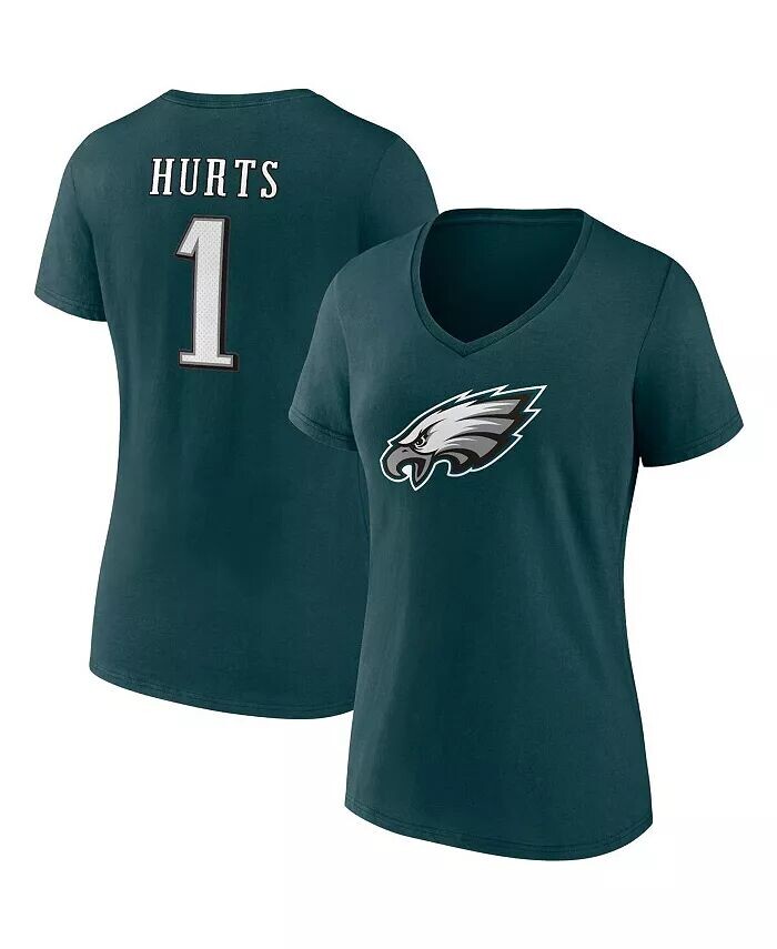 

Женская футболка Jalen Hurts Midnight Green Philadelphia Eagles со значком игрока, именем и номером, с v-образным вырезом Fanatics, зеленый