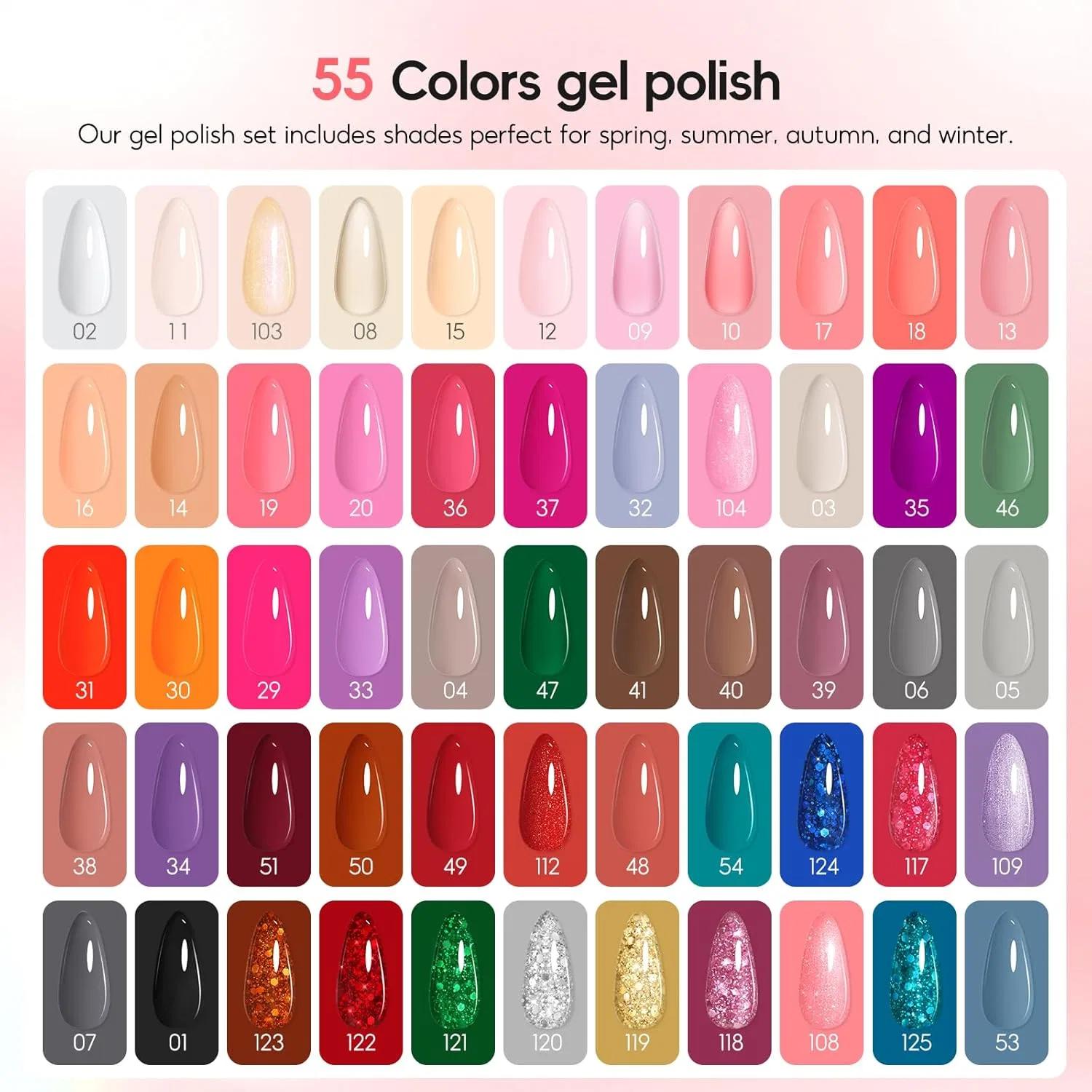 Набор для гель-лака с лампой «73 Pieces» от PEACECOLOR Peacecolor, Shiny Stardust 55+5 Gel Nail Kit — фото 2