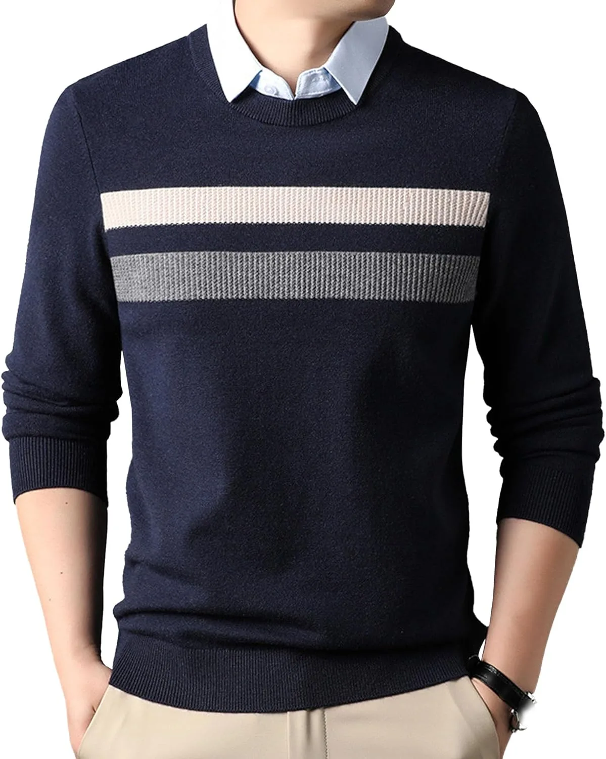 

JEShifangjiusu мужской свитер в полоску Casual Crewneck с длинным рукавом и ребристой резинкой