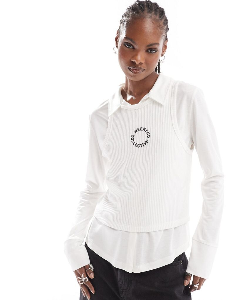 

ASOS Weekend Collective – белая трикотажная рубашка с жилеткой в ​​рубчик