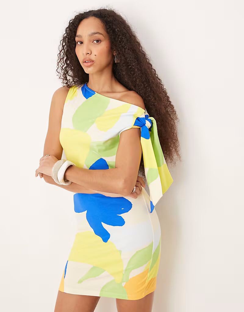 

ASOS DESIGN мини-платье на одно плечо с завязкой и узлом, увеличенный цветочный принт