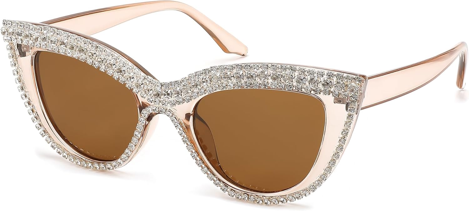 

FEISEDY Женские солнцезащитные очки большого размера с бриллиантами, модные очки «кошачий глаз» со стразами, оправа с драгоценными камнями, для костюмированной вечеринки, B2360, Champagne Stripe Diamond