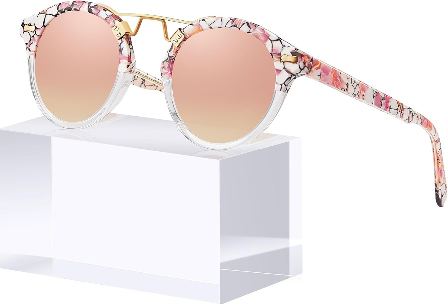 

Солнцезащитные очки CARFIA Small Face Acetate Polarized Sunglasses для женщин с защитой от УФ-излучения, в стиле ретро, ​​с двойной перемычкой и металлическими оправами, круглые, 8-3. Pink White Tortoise Frame Pink Mirrored