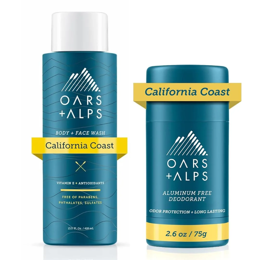 Увлажняющий гель для душа и лица для мужчин Oars + Alps и дезодорант без алюминия, аромат «Калифорнийское побережье», white