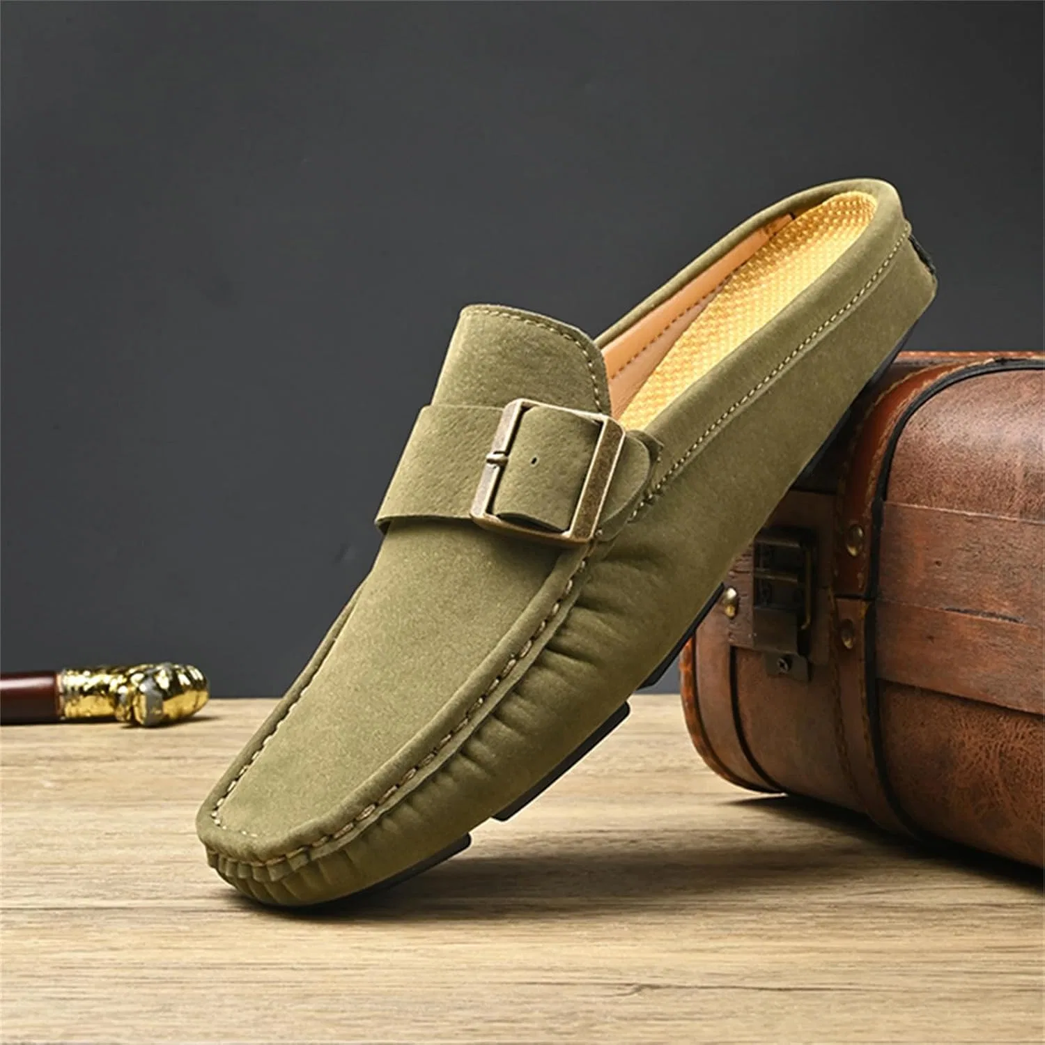 Мужские мюли из замши, кожаные, Loafers Slip-Ons, зеленые Psieicwm — фото 3