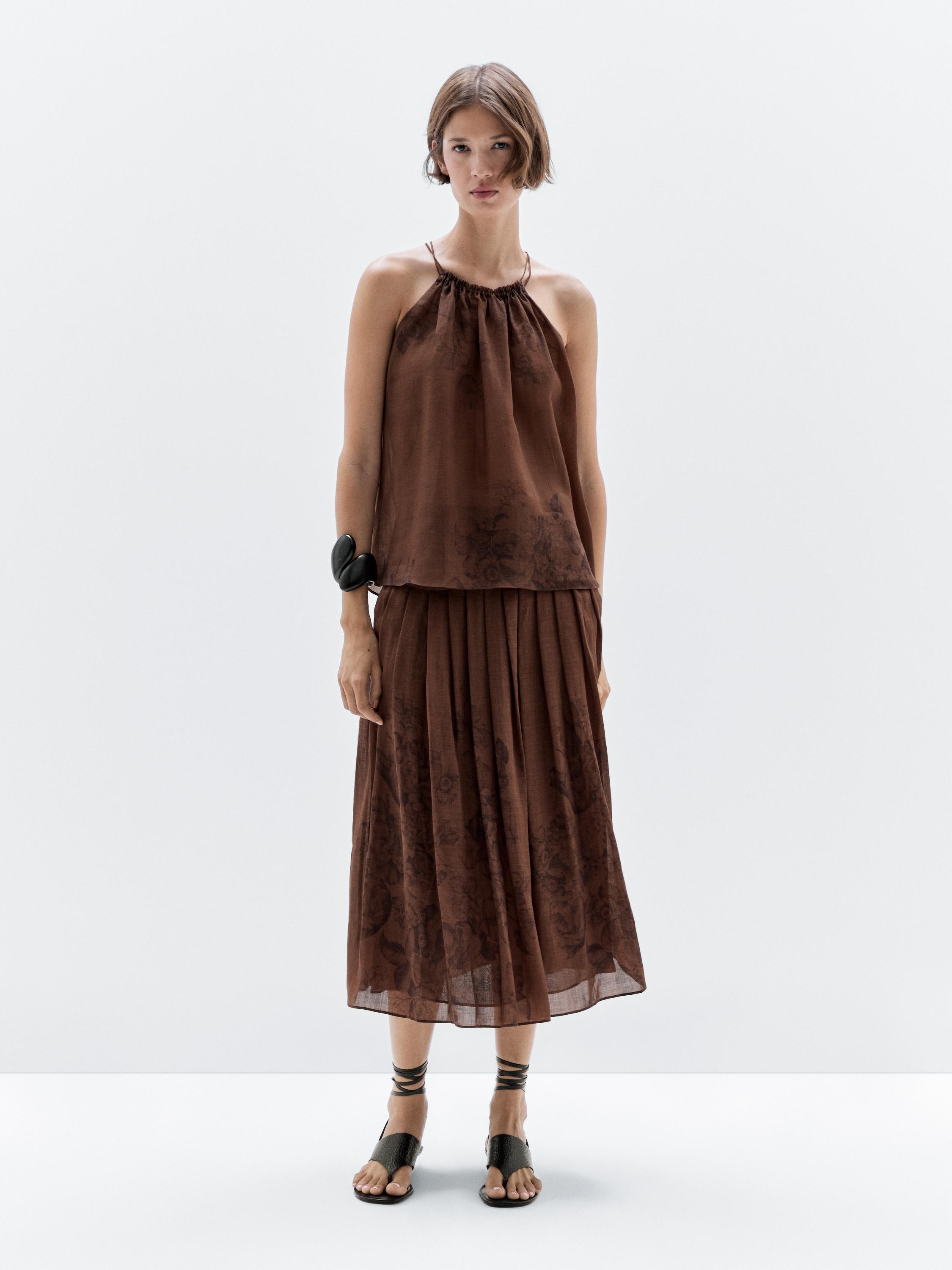 

Расклешенная юбка миди с цветочным принтом Massimo Dutti, шоколадный