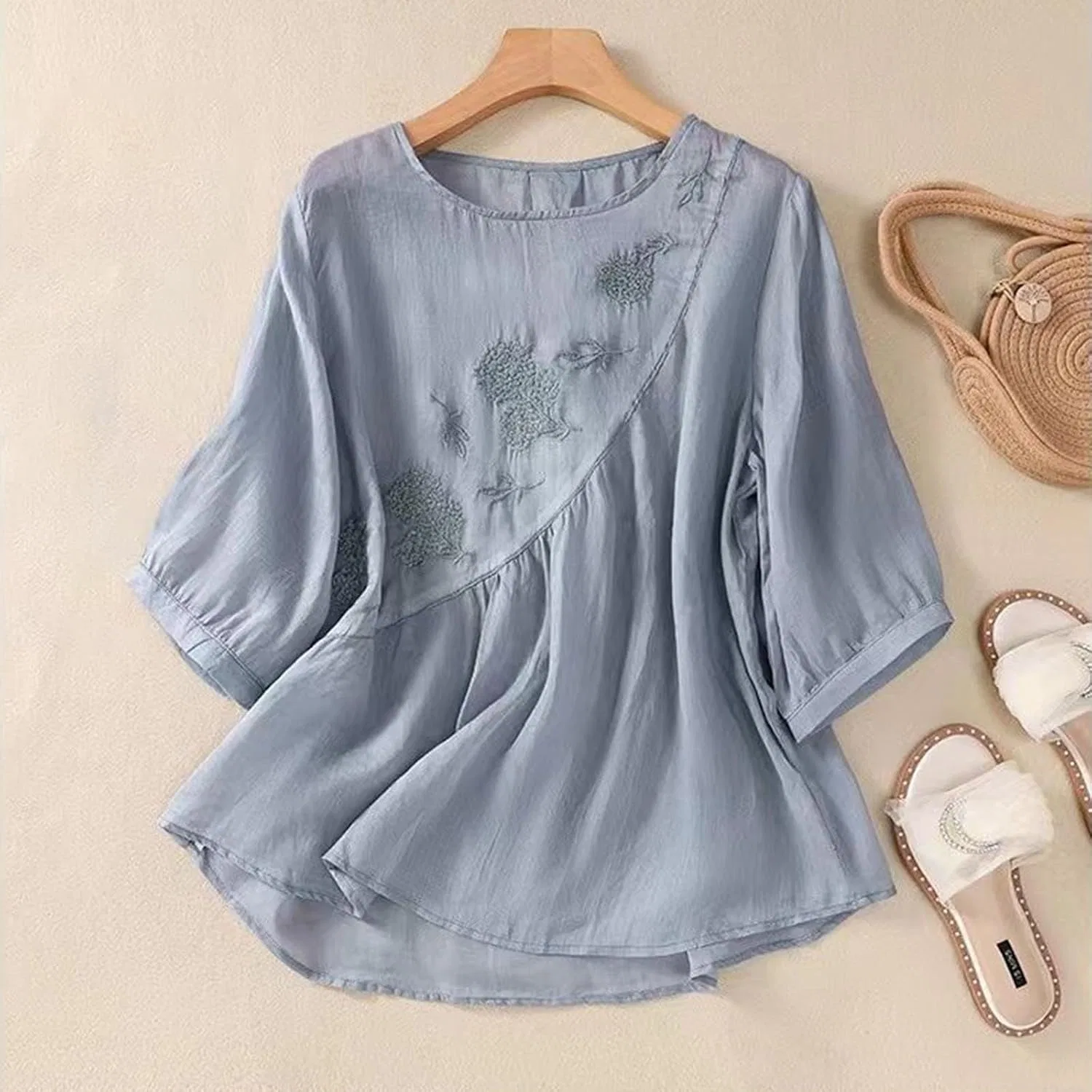 Блуза свободного кроя, Women's T-shirt, Half Sleeve, Cotton Linen, Stylish, Top Blouse, Solid, Loose Fit, Casual, Simple, Linen Shirt, Round Neck, Thin, Large Size, Cute, Top, Embroidery, Floral Pattern, Beautiful, синий — фото 2